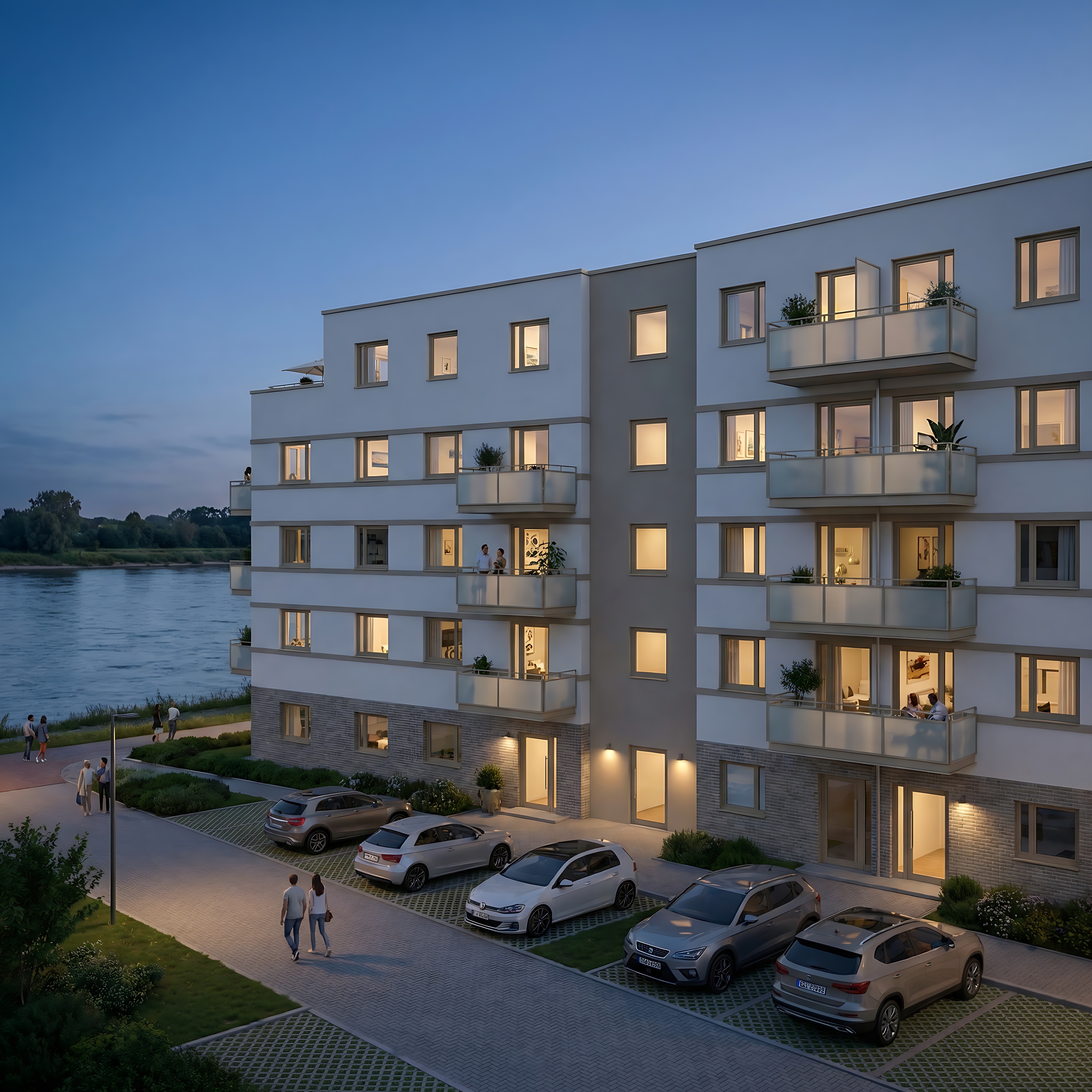 Havel Quartier — Straßenansicht Abenddämmerung